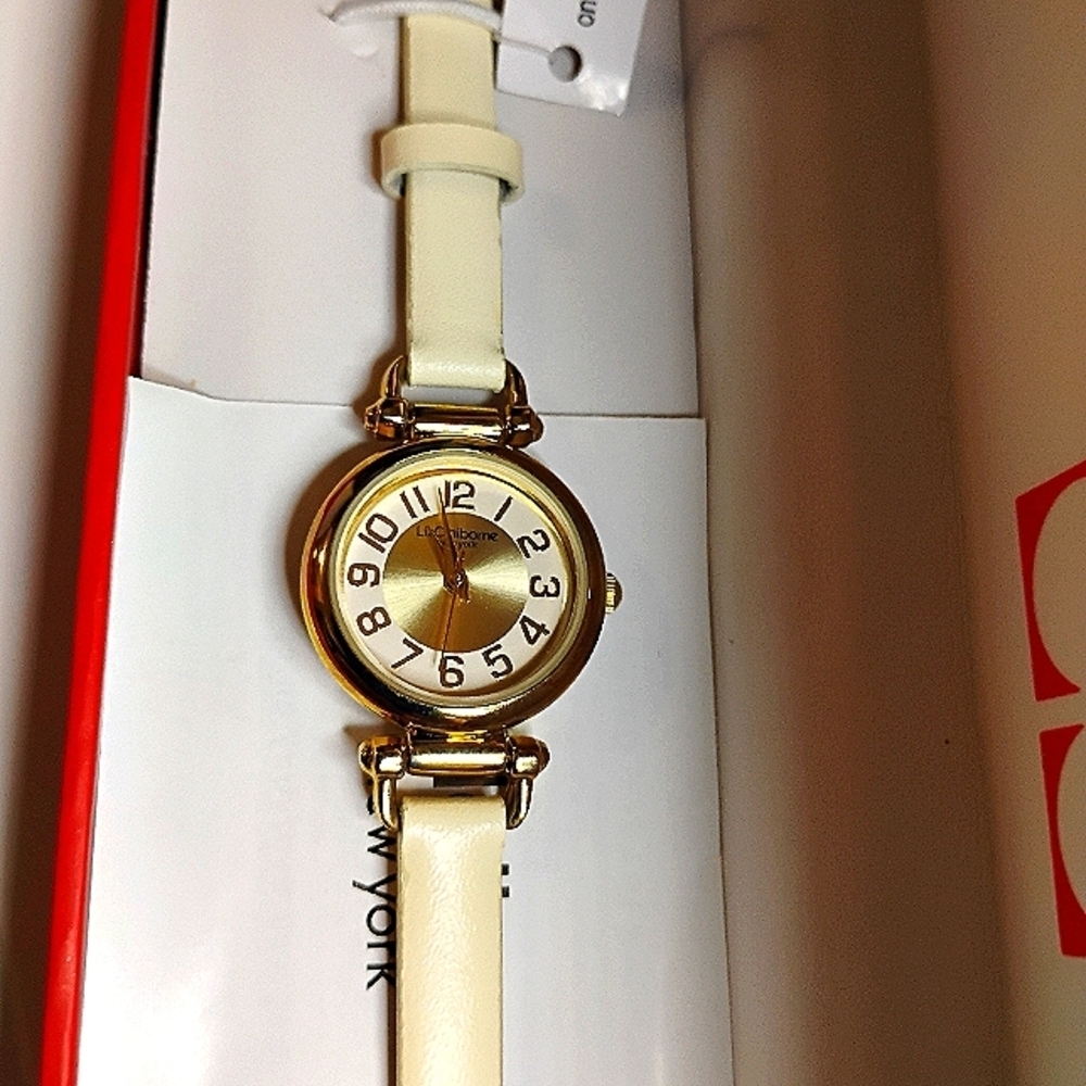 Liz Claiborne Leather Strap Gold Tone Watch in Box‎